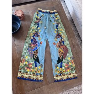 ALEMAIS Gilly Bird-Print Wide-Leg Linen Pants Size 2